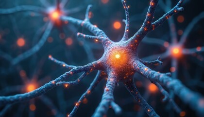 Poster - Information travels through neuron network. Nerve cells glowing connections. Brain science, neural technology, brainpower innovation. Abstract wallpaper, intelligence concept. Neurology research,