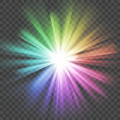 Wall Mural - glowing light burst, rainbow red yellow and blue color. optical fire light effect. png vector lens g