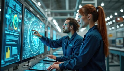 Fototapete - Project engineer, female operator work together on smart factory production line. AI, machine learning tech. Automation, robotic innovation, digital solutions, cyberspace for cyber-physical systems