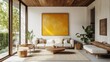 © mochalfin - Modern minimalist living room, sunlight, wooden accents, zen garden view, interior design