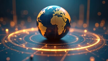 Leinwandbilder - 3D globe with golden continents and tech orbits around it. Symbolizes global business, international expansion, communication tech. Large space for text in center. Background lights add glow to image.