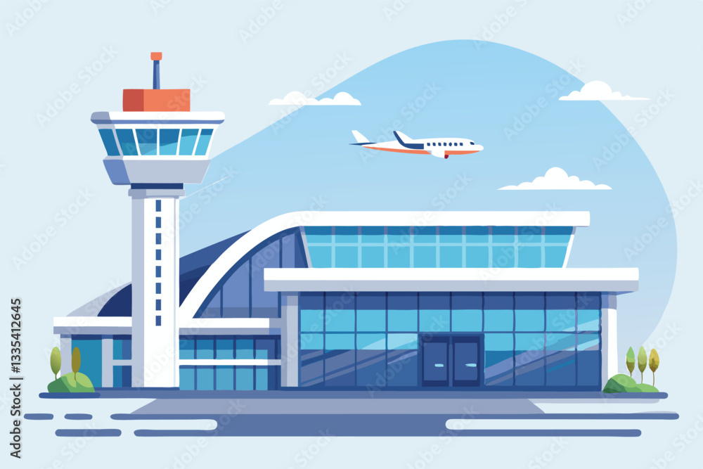 Modern airport vector illustration featuring a control tower and ...