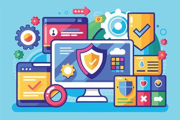 Leinwandbilder - Creative vector illustration of cybersecurity concepts featuring a computer screen with multiple icons representing protection, analysis, and data security