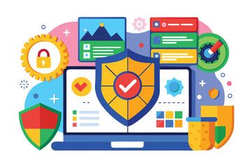 Leinwandbilder - Creative vector illustration of cybersecurity concepts featuring a computer screen with multiple icons representing protection, analysis, and data security