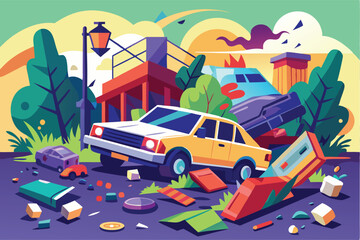 Poster - Vector illustration of a chaotic landscape with colorful vehicles and debris amidst a stylized background of clouds and sun