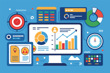 Leinwandbilder - Illustration of a computer screen displaying various graphs, charts, and data visualizations in a colorful vector design illustrating data analysis