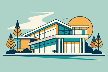 Poster - Modern architectural logo design featuring a colorful vector illustration of a stylish building with large windows and unique structure in a simplified style