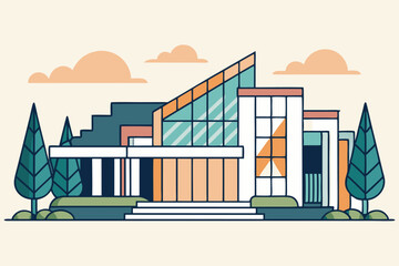 Poster - Modern architectural logo design featuring a colorful vector illustration of a stylish building with large windows and unique structure in a simplified style