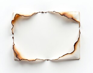 Leinwandbilder - Burnt paper edge with fire marks isolated on white background. Burned half parchment frame texture with dark pattern, hole, stain, blank space for text message.
