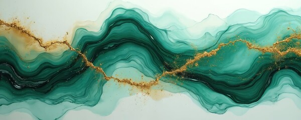 Poster - Fluid art banner with emerald green and gold colors. Liquid acrylic artwork with mixing paint effect. Abstract flows and splashes for modern interior poster design, trendy wallpaper.