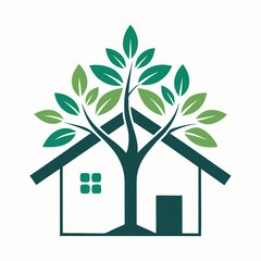 Poster - Vector illustration of a tree with green leaves next to a yellow house in a minimalist design suitable for eco-friendly themes