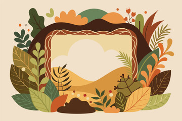 Poster - Nature-inspired vector illustration featuring foliage and clouds in a warm color palette