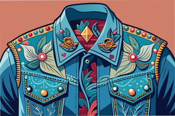 Poster - Intricate vector illustration of a floral embroidered denim jacket showcasing vibrant colors and detailed patterns