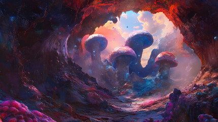 Wall Mural - Colorful cave fungi, surreal landscape, fantasy art. Mycelial Dream. Illustration