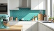 © miss irine - Modern kitchen with clean white design. Teal accent tiles on backsplash match accessories. Counter, sink, cooking utensils, wooden table, induction stove. Contemporary style interior with bright