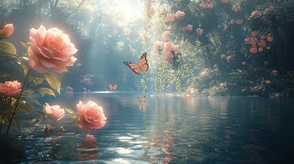 Wall Mural - Magical fairy tale setting with a serene woodland lake, pink roses, and butterflies