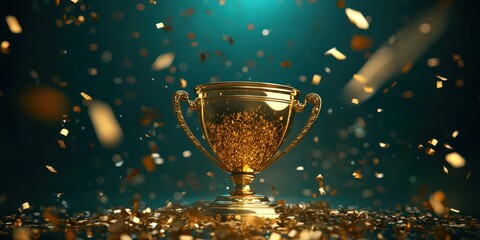 Wall Mural -  golden champion cup and gold confetti on a dark green background