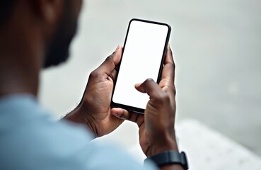 Poster - Close-up shot of African American man holding mobile phone with empty white screen, mockup. Male using cellphone for online shopping, ecommerce. Modern digital technology, communication. Hand using