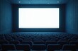 © miss irine - Blank white screen at cinema with empty dark blue seats. Clean modern design inside auditorium hall for movie presentation. Mockup template for banner event demonstration. Movie theater with nobody.