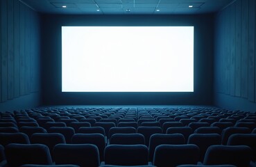 blank white screen at cinema with empty dark blue seats. clean modern design inside auditorium hall 