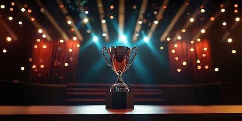 Wall Mural - trophy on the stage, with an awards ceremony in the background, a minimalist technology stage, real,