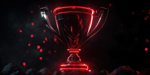 Wall Mural - futuristic championship trophy, dark black background, red glows, 3d render, unreal engine