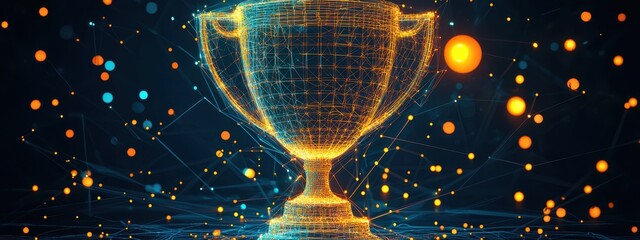Wall Mural - golden trophy, line-based visualization, luminous server on translucent background, blue, wireframe,