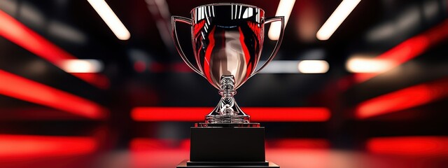 Wall Mural - silver trophy. displayed on a pedestal in a formula 1 broadcast studio. in a red, white and black co