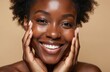© miss irine - Close-up portrait of smiling black woman with radiant face skin. Healthy model touches cheek. Skincare cosmetic, aesthetic facial treatment, beauty, self-love, wellness, diversity, empowerment