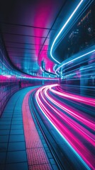 Wall Mural - abstract neon light trails in motion long exposure of swirling colored lights.