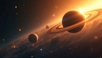 Aufkleber - Saturn planet glows under cosmic light, surrounded by stars and smaller celestial bodies. Vibrant solar system showcases universe splendor, mystery, astronomy, artistic galaxy and cosmic background.