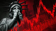 © Frank Gärtner - Statue of Liberty gesturing despair, covering face with hands while red stock market graph plummets behind silhouette, symbolizing economic downturn
