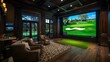 © Paul - Elegant indoor golf studio with dark wood flooring, illuminated golf simulator, and premium practice tools, luxurious ambiance