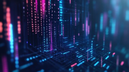 Futuristic digital matrix with glowing blue and pink binary code in virtual data network