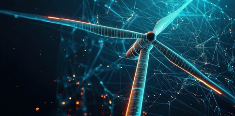 Wall Mural - futuristic wind turbine illustration with a digital network background, showcasing renewable energy 