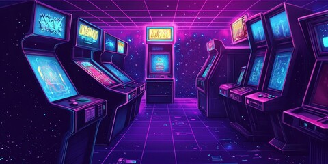 Retro arcade game room with glowing screens and digital displays