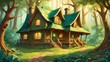 © Sutarto Stock - A charming wooden cottage a green roof nestled amidst a lush, sun-dappled forest.