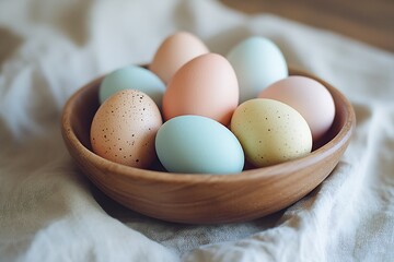Poster - Charming display of pastel colored eggs in a wooden bowl for a minimalist and elegant look : Generative AI