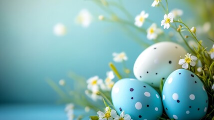 Poster - Beautiful blue Easter eggs arranged with delicate flowers on a soft background for spring celebration : Generative AI
