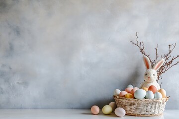 Poster - Charming Easter Bunny Placed in a Rustic Basket with Pastel Colored Eggs on a Textured Background : Generative AI