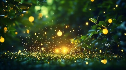 Poster - Enchanting scene with glowing orbs in lush greenery creating a magical and serene atmosphere : Generative AI