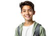 © EliteStockPhotos - Smiling boy with backpack isolated on white background. Cheerful student portrait for education, back to school, or youth themes.