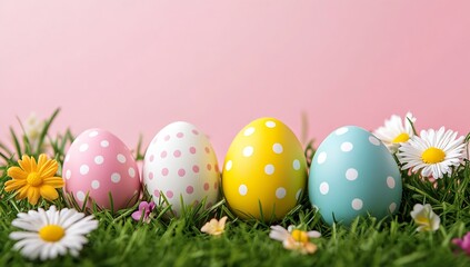 Poster - A vibrant display of Easter eggs with polka dots surrounded by daisies and green grass on a pink backdrop : Generative AI