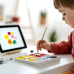 Poster - Young child engaged in painting with vibrant colors showcasing creativity and artistic expression : Generative AI