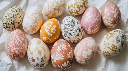 Poster - Charming collection of Easter eggs with floral motifs in soft colors resting on crisp white paper background : Generative AI