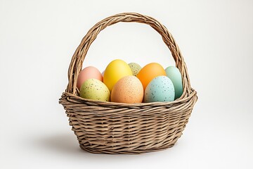 Poster - Stunning array of speckled Easter eggs nestled in a rustic wicker basket for seasonal decor : Generative AI