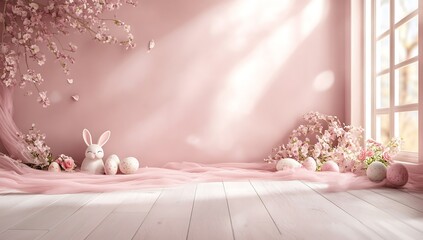 Fototapete - Charming bunny figurine surrounded by colorful Easter eggs and pink blossoms in a tranquil indoor setting : Generative AI