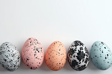 Poster - Five elegantly decorated Easter eggs with unique patterns placed on a smooth white surface : Generative AI