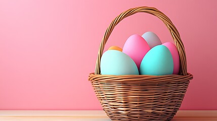 Poster - Colorful Easter Eggs Nestled in a Woven Basket Against a Soft Pink Background : Generative AI