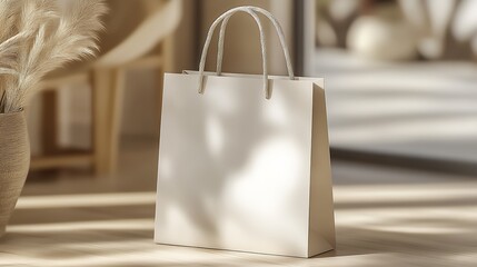 Poster - Sleek White Shopping Bag Positioned Gracefully on a Wooden Floor Illuminated by Natural Sunlight : Generative AI